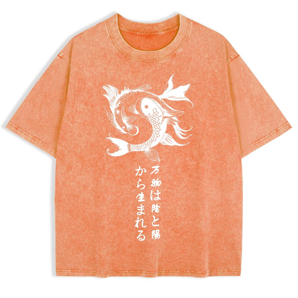 Japanese Koi Harajuku Printed Washed T-Shirts Mens Cotton Short Sleeve Tops Summer O-Neck Oversize T Shirt Clothes