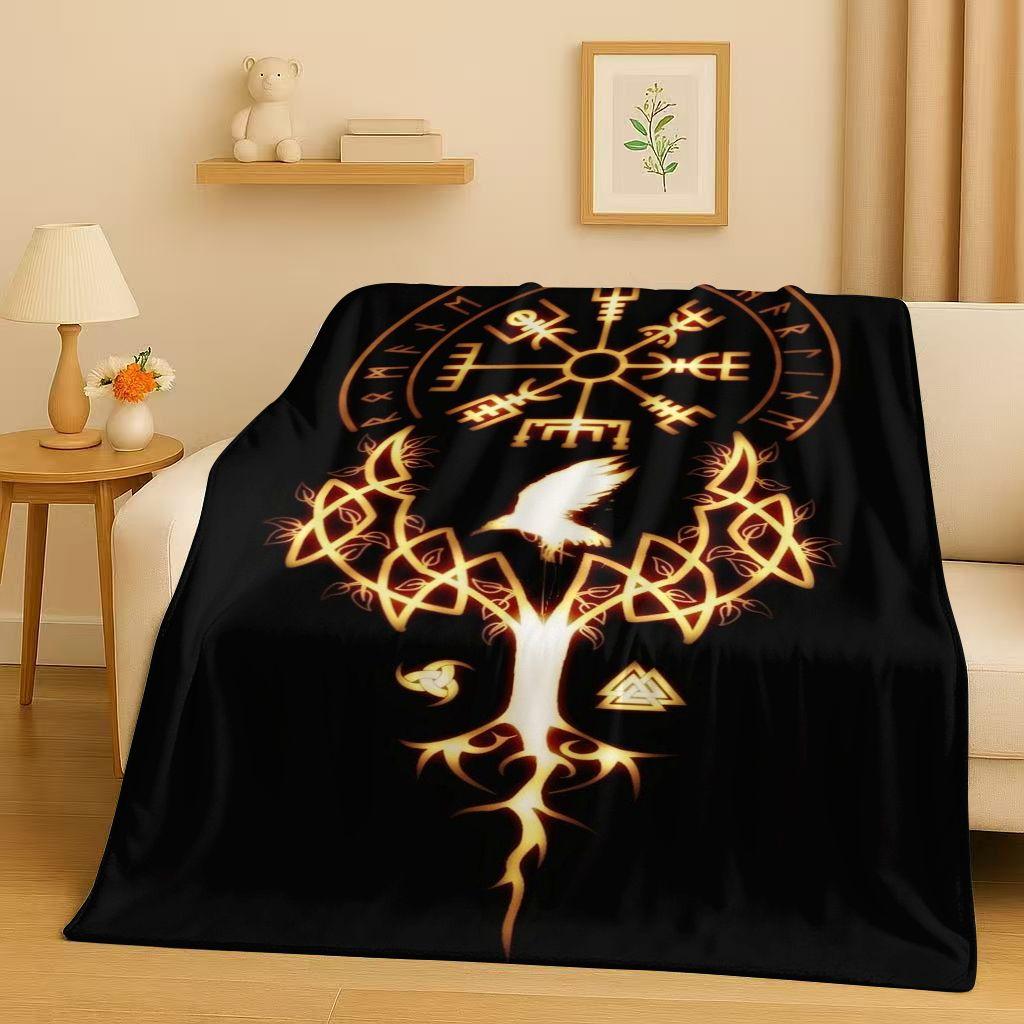 Retro Nordic Viking Totem Vegvisir Rune Valhalla Valknut Flannel Blanket,Ultra Soft Plush Throw for Home Bedroom Bed Sofa Cover