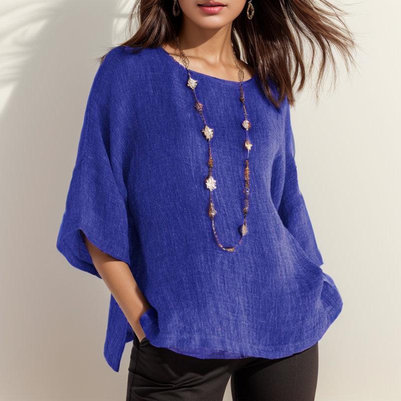 Women s Retro Cotton Linen Seven-Sleeve Round Neck Shirt XL