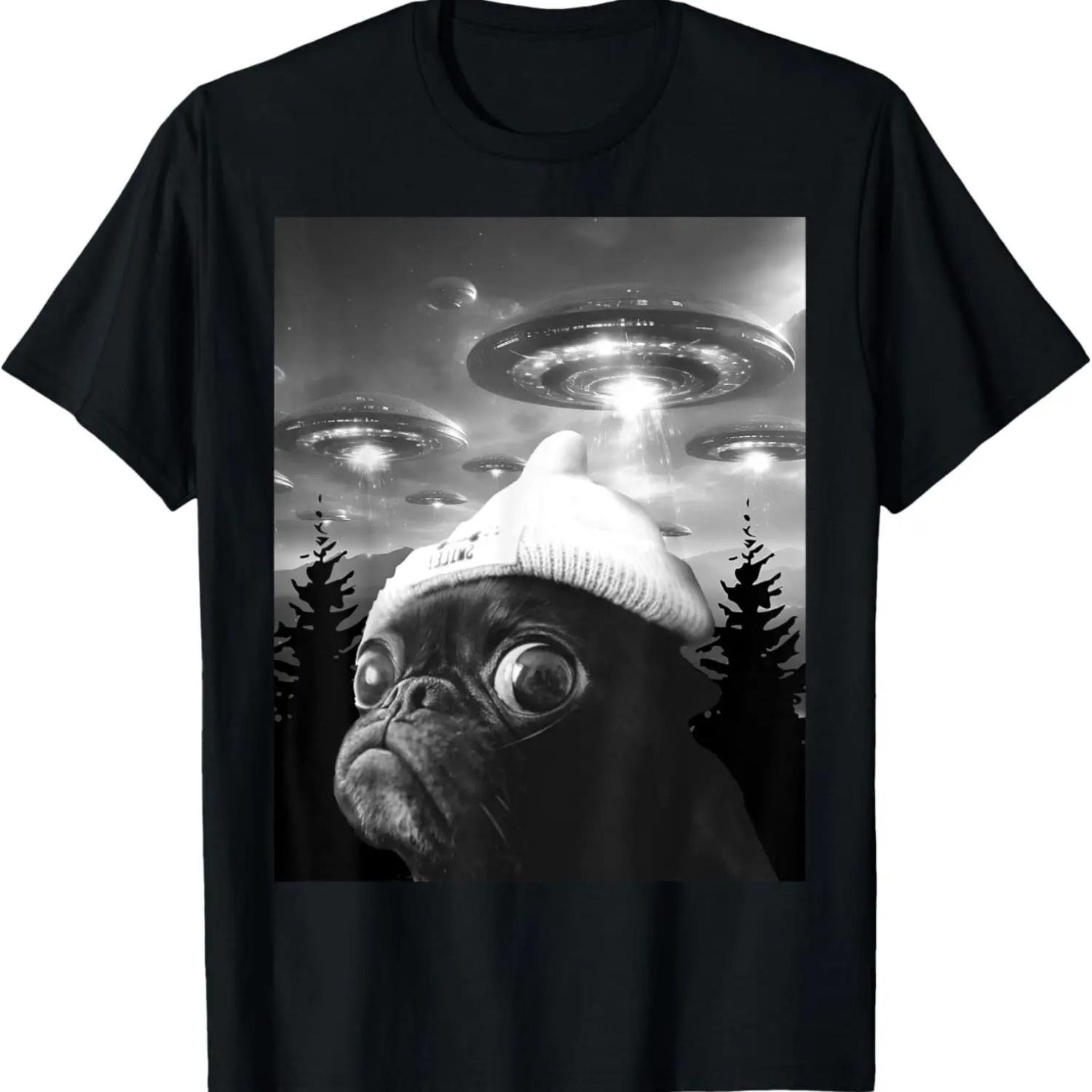 Милый Испуганный Мопс Смешная Собака Селфи С НЛО Футболка, 100% хлопок S