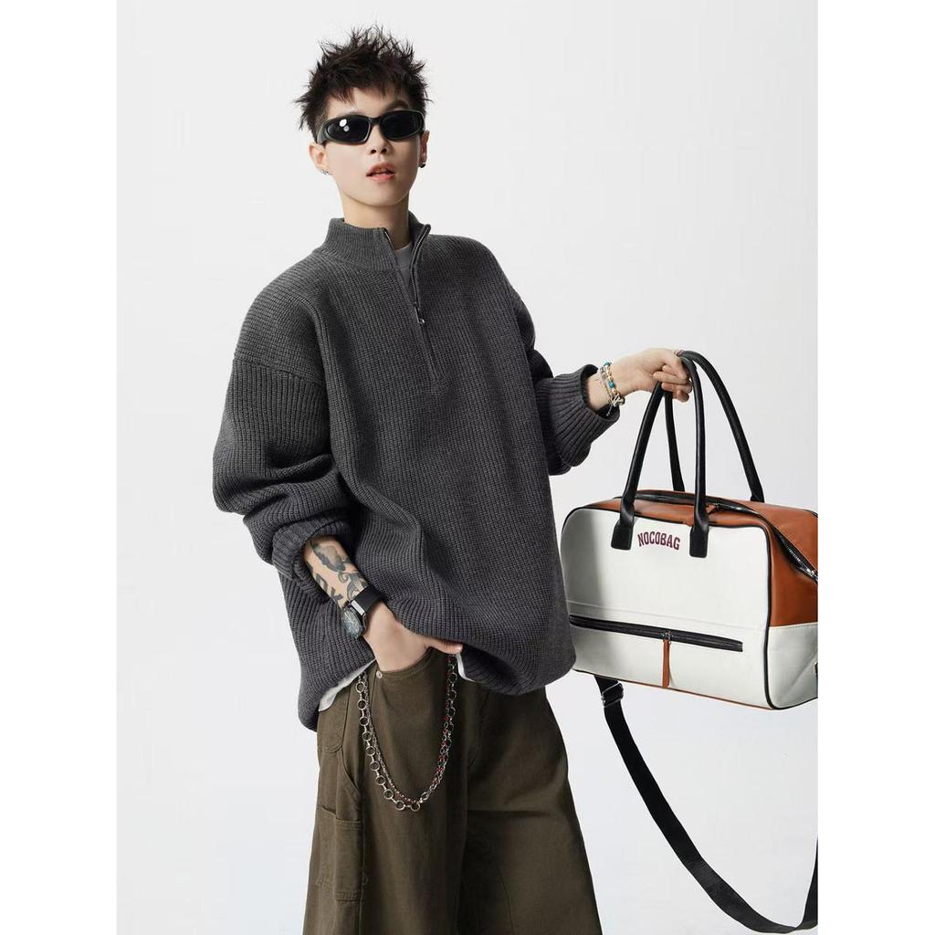 Men's High-Neck Half-Zip Loose Knit Sweater - Retro Style, Solid Color, Versatile for Autumn/Winter.