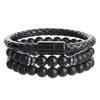 Cross Men's Multi-layer Bracelet Set: Black Gallstone, Volcanic Stone, Wood Beads. Elastic Jewelry.