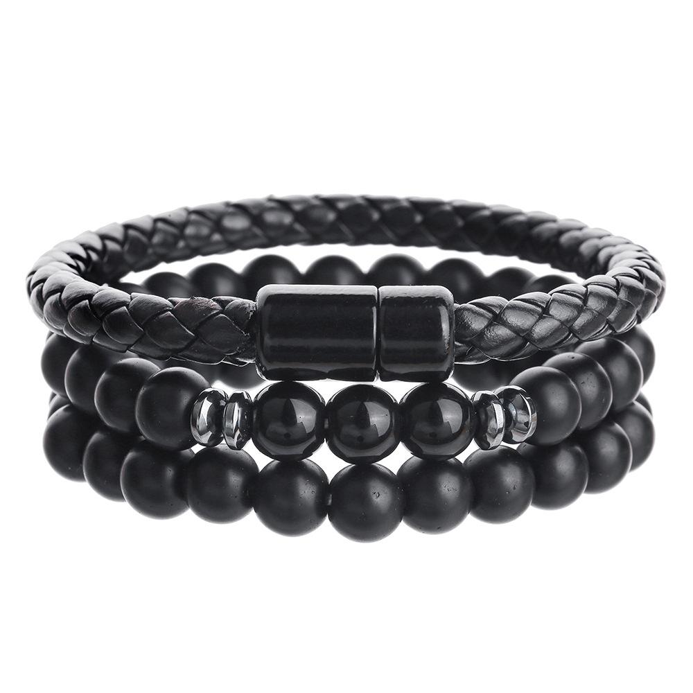 Cross Men's Multi-layer Bracelet Set: Black Gallstone, Volcanic Stone, Wood Beads. Elastic Jewelry.