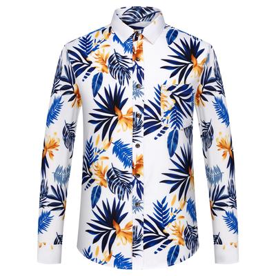 Herrenmode Langarm Allover Colorblock Print Hemd, Sommerurlaub Strandstil Leichter Stretch Button-Down Freizeithemden