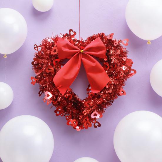 Lametta Herzförmiger Kranz mit Schleife für Haustür Valentinstag Rot Rosa Herzkranz