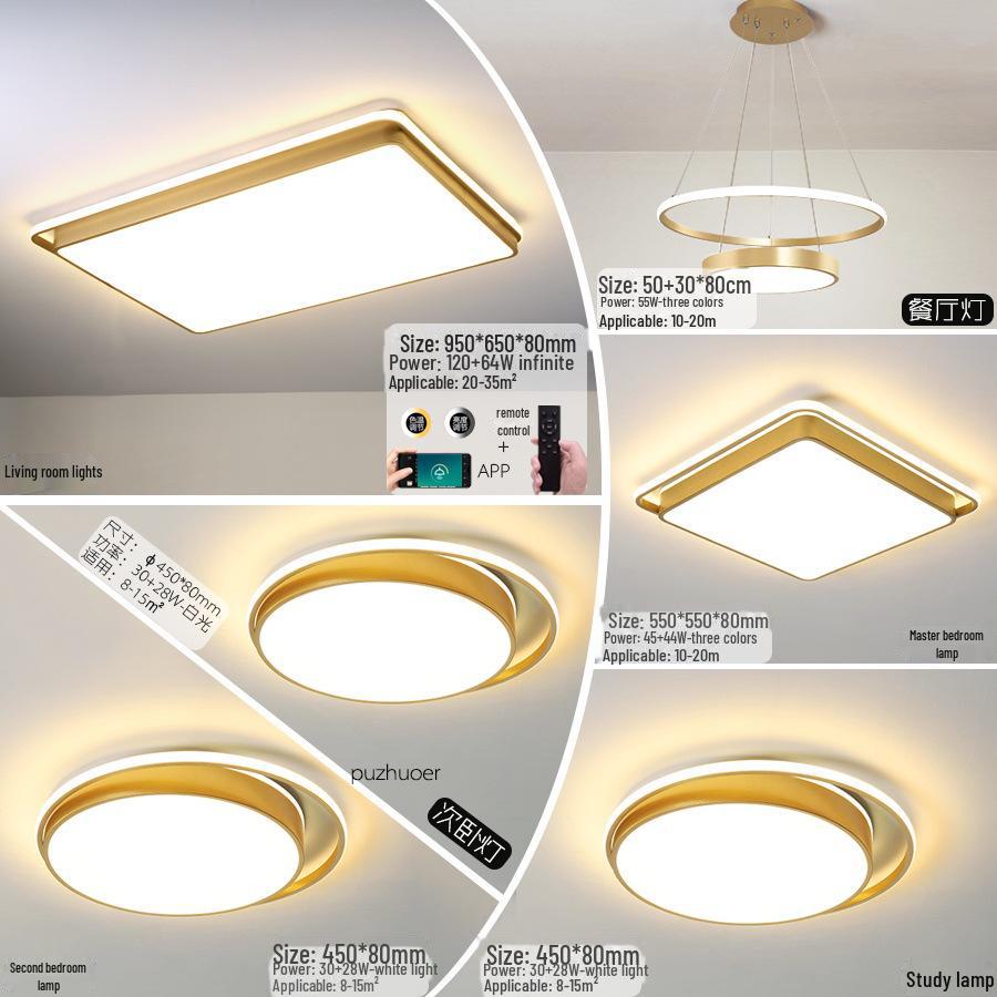 Gold Rectangular Ceiling Lamp Set for Living and Bedrooms