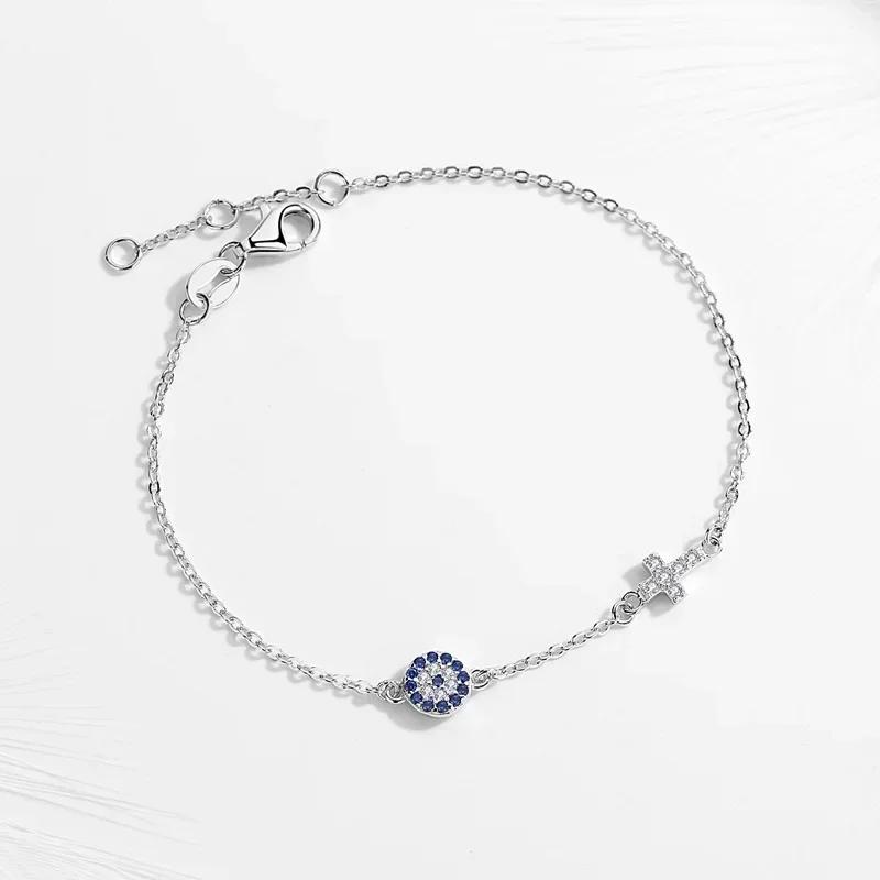TONGZHE 925 Silver Hamsa Lucky Evil Eye Cross Bracelet Wonder Women Small Blue Cystal Stones Fine Wedding Jewelry