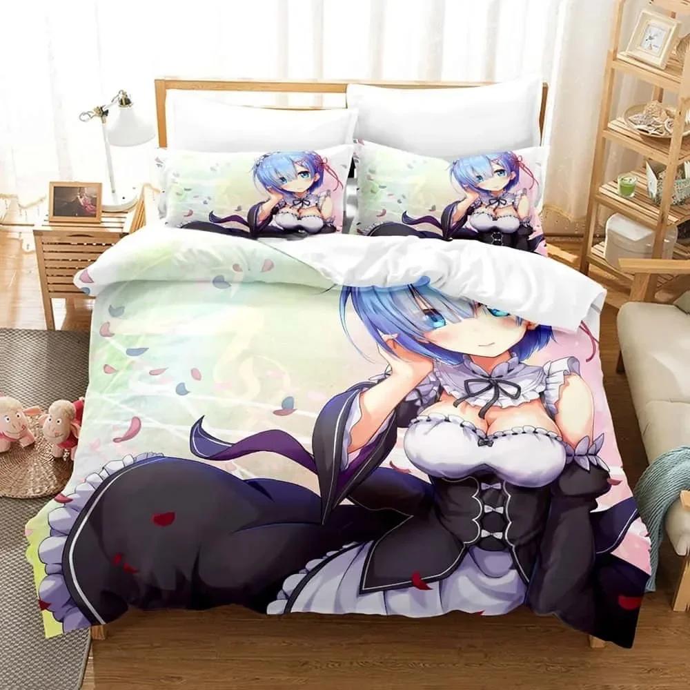 Anime ReZERO -Starting Life in Another World Bedding Set Printed Bed Set With Pillowcase Duvet Cover Soft Queen Super King Size