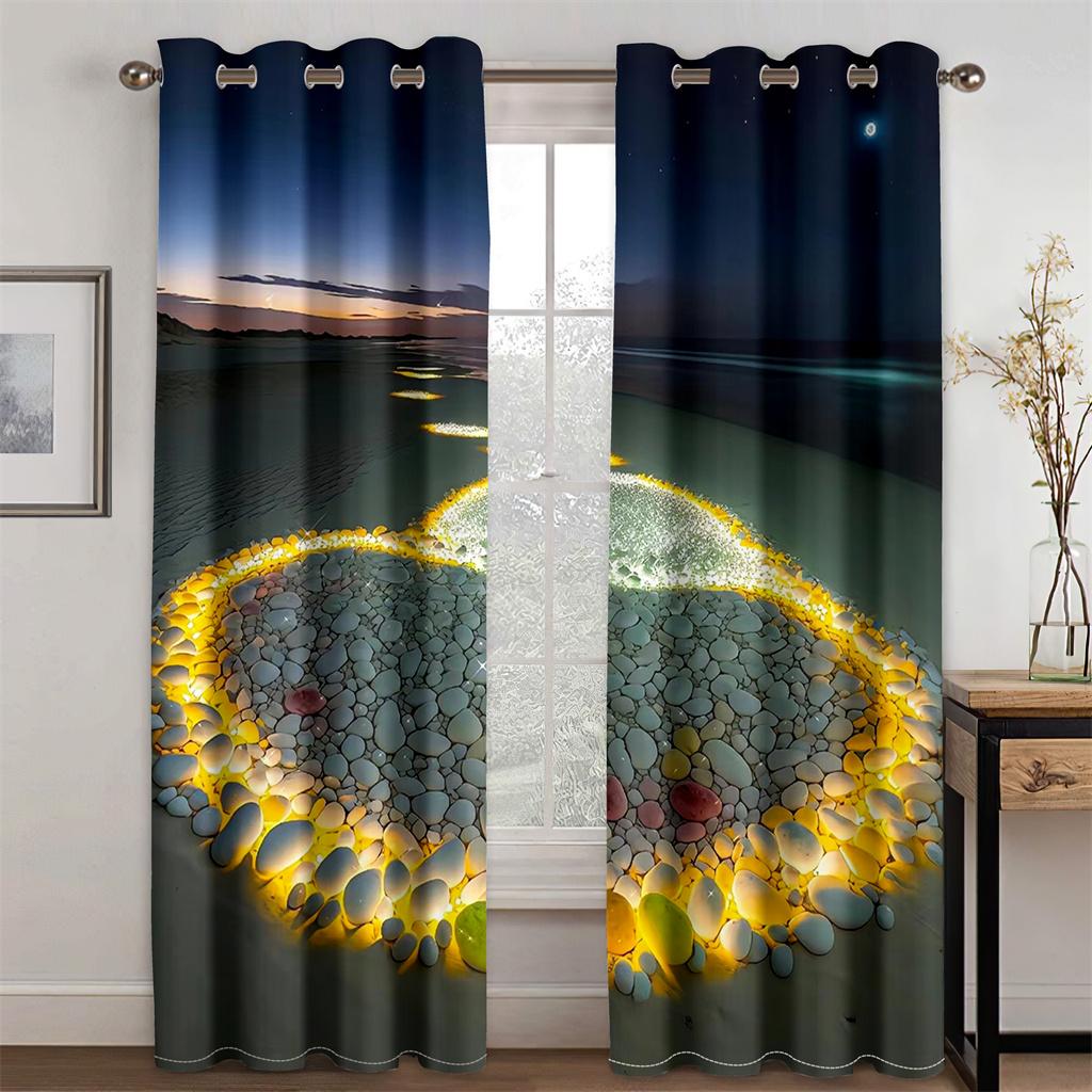 

Шторы с рисунком звездного неба на берегу моря, цветные светящиеся каменные, 2-панельные, роскошные, для гостиной, спальни, современные шторы для домашнего декора 100W130H(CM)40x51in&Grommet Top