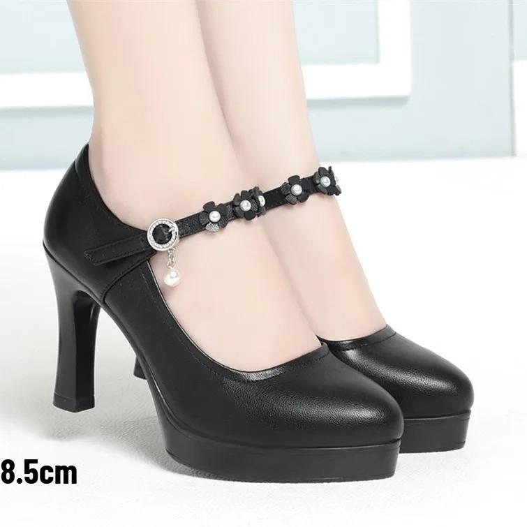Spring and Autumn Women's High Heels Waterproof Platform Comfortable Chunky Heel One Buckle Work Shoes