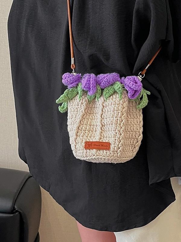 Water Bucket Bag For Women With Knitted Material And Rose Bouquet Design For Daily Use