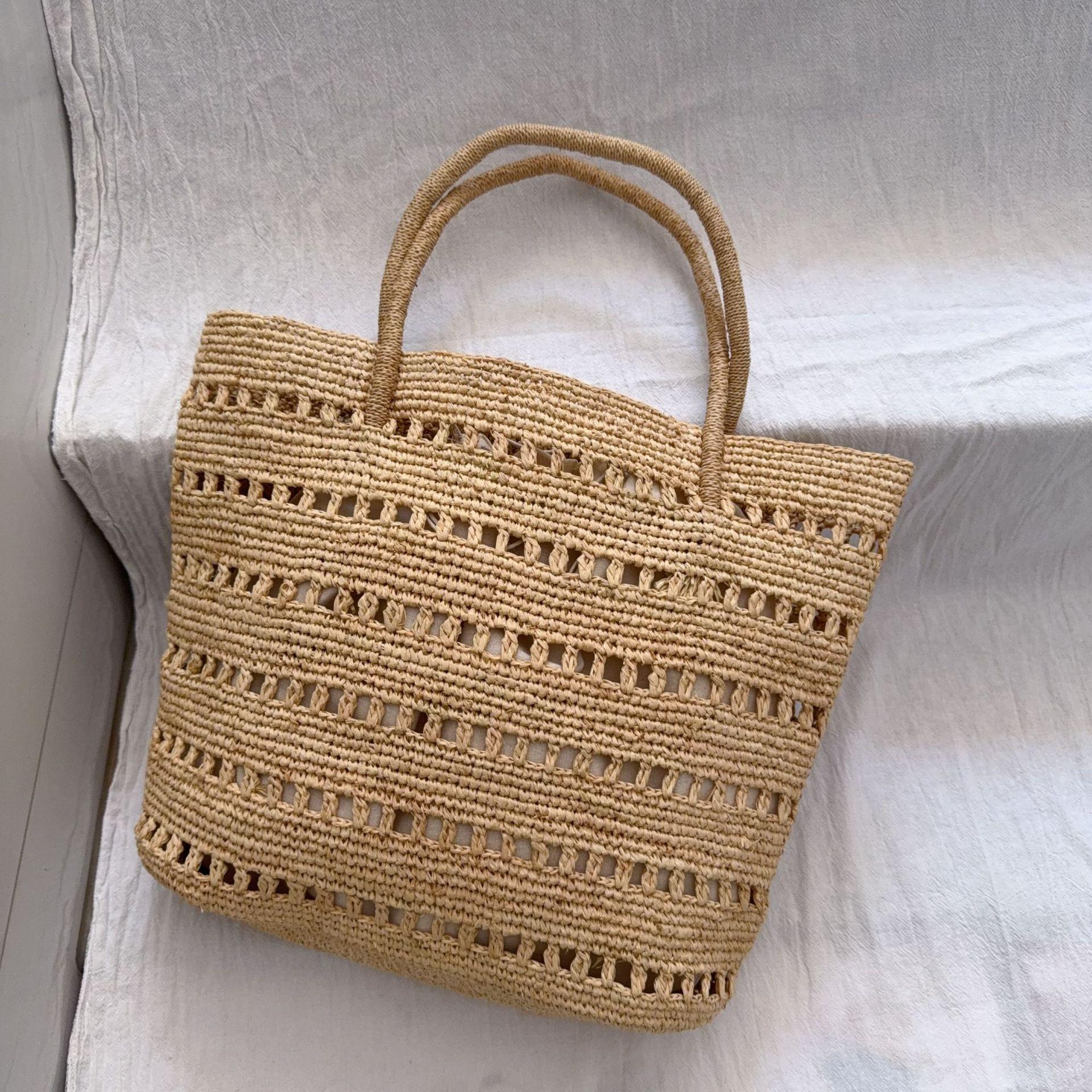

Hollow Out Casual Woven Shoulder Bag SummerBeach Handbag for Women Large Capacity Straw Weave Leisure Travel Bucket Bag бежевий