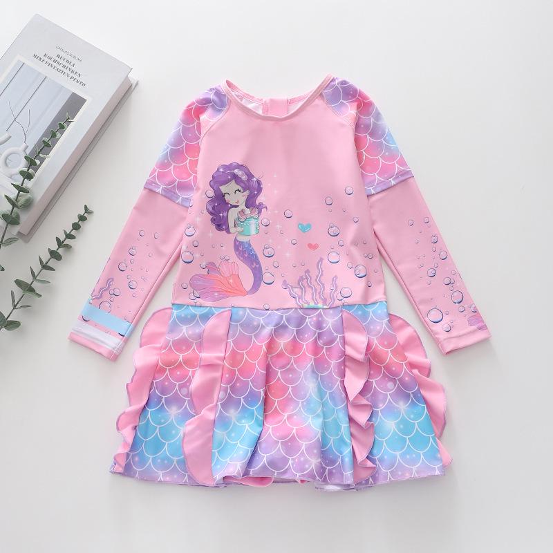 2026 Long Sleeve Girls' One-Piece Swimsuit Skirt Style with CPC Certification for Medium and Large Children