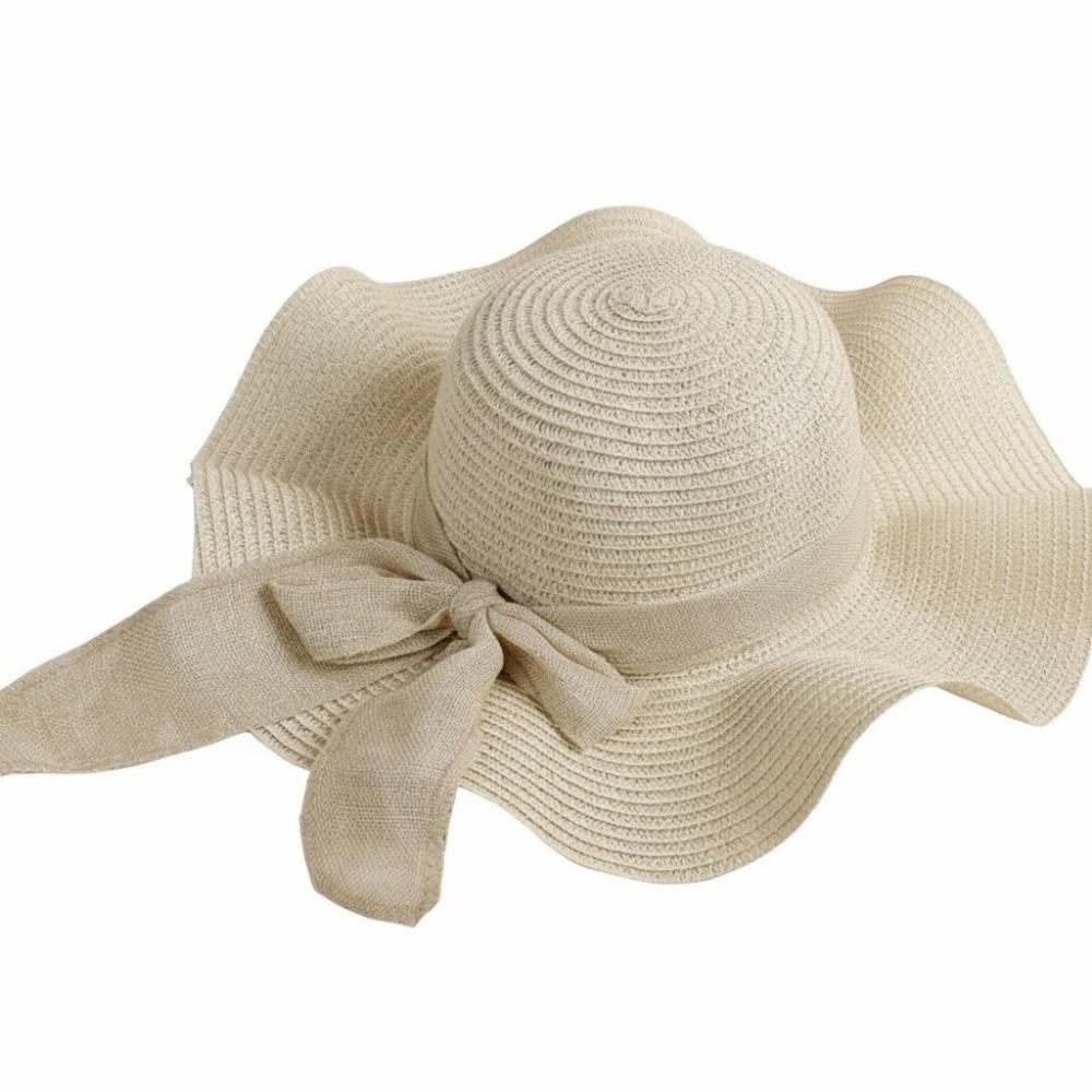 

Breathable Big Brimmed Straw Hat with Lace Ribbon Woven Sun Cap Fashion Vacation Beach Cap Outdoor бежевый