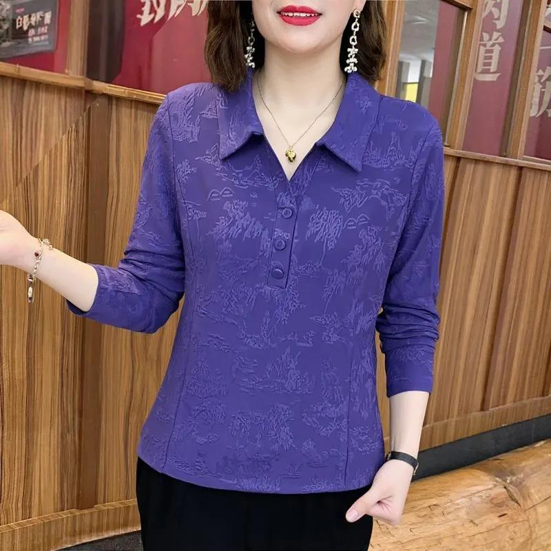 Autumn Temperament Mother Dress Women's Versatile Solid Color Lapel Long Sleeve Loose Pullover Top