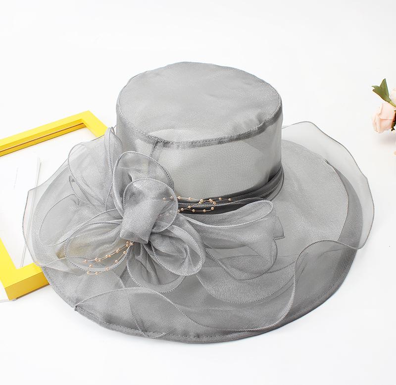 Hat Female Summer Vintage British Style Organza Flower Vacation Big Eaves Beach Sunscreen Flat Top Sun Hat