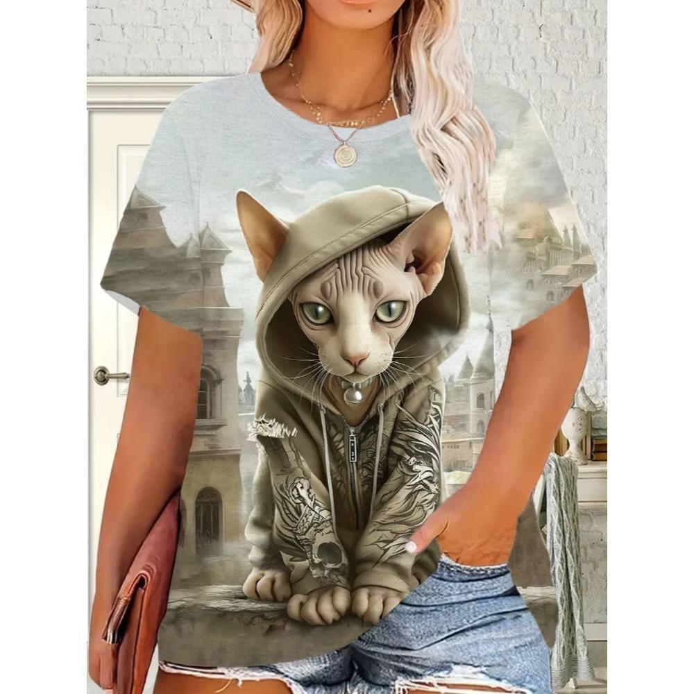 Ladies Fashionable Comfortable Printed Animal T-shirt Interesting Animal Cat Patterns Loose Breathable Large Size Short Sleeved T-shirt