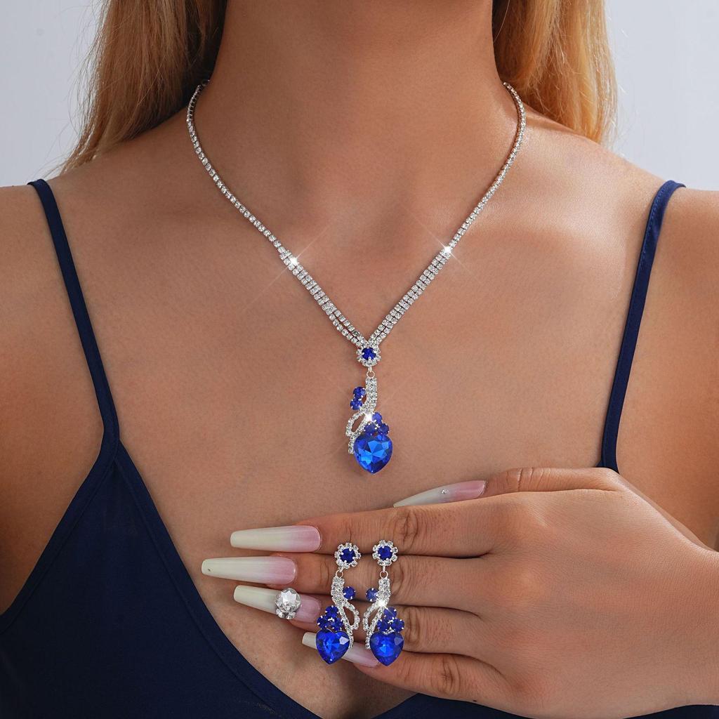 Luxury European & American Gemstone Heart Earrings & Necklace Set