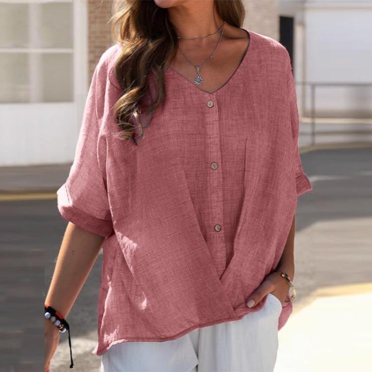 Women's Casual Loose Fit Short Sleeve V Collar Cotton Linen Shirt Top