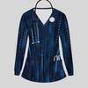 Women Plus Size Dark Blue Printed Nurse Scrub Top V Neck Long Sleeve With Pockets