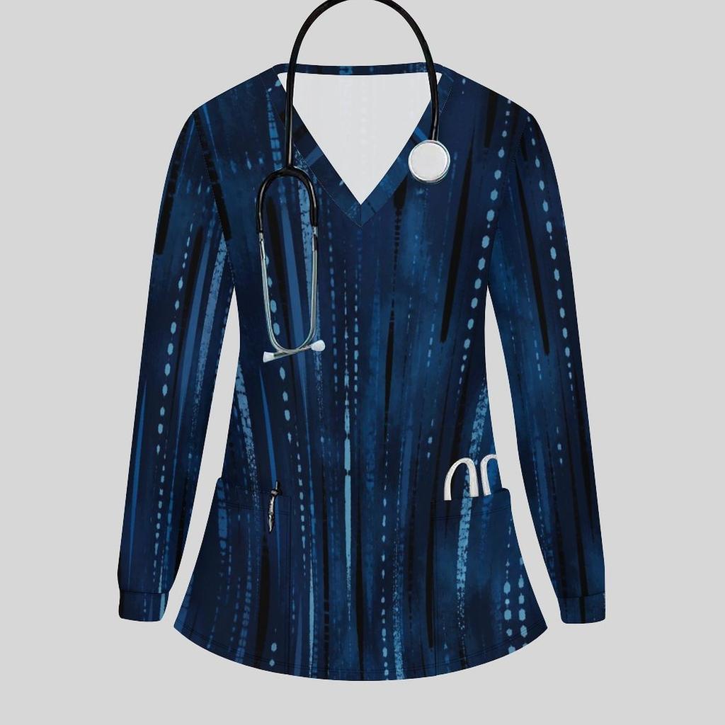Women Plus Size Dark Blue Printed Nurse Scrub Top V Neck Long Sleeve With Pockets
