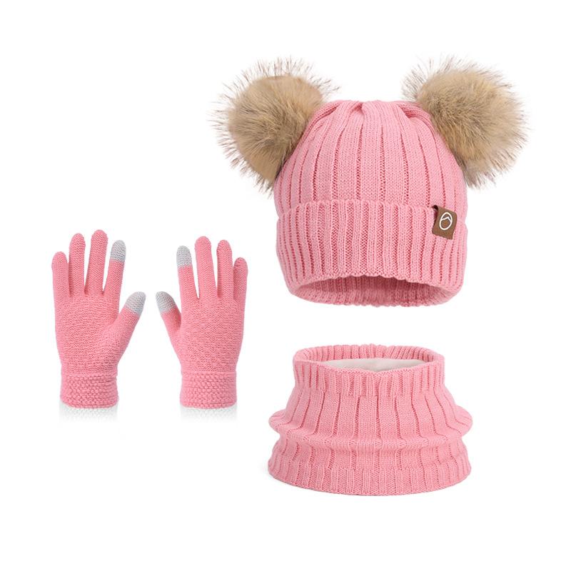 Children's hats Outdoor warm three-piece set Boys and girls fleece ear protector pullover hat Cute hairball knitted wool hat