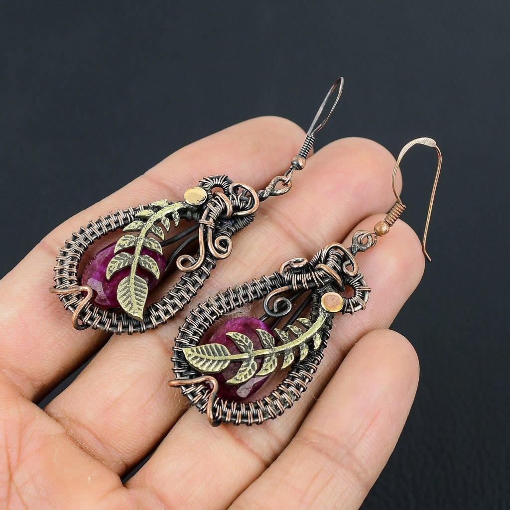 Wonderful Ruby Gemstone Handmade Pure Copper Wire Wrapped Earrings Jewelry
