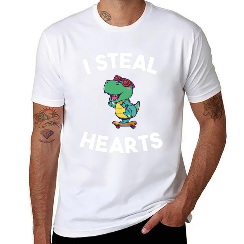 I Steal Hearts Valentines Day For Kids Dinosaur Gift Tshirt Classic Basic Casual Tshirt