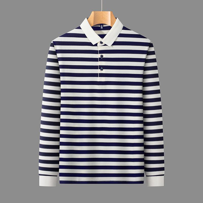 Autumn Striped Lapel Collar Men s Long Sleevepolo Casual Loose Fit Versatile Top M