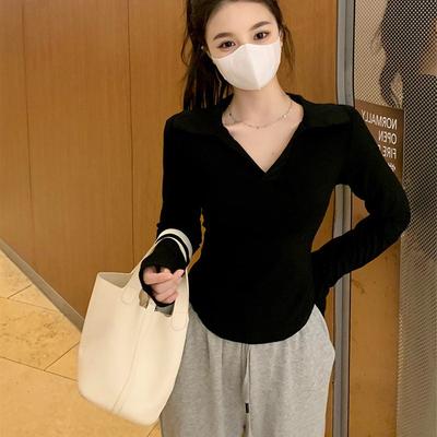 Spring and Summer Long-sleeved T-shirt for Women, Slim Bottom Shirt, Lapel, Inner Bottom Shirt, Slim and Irregular Short Top