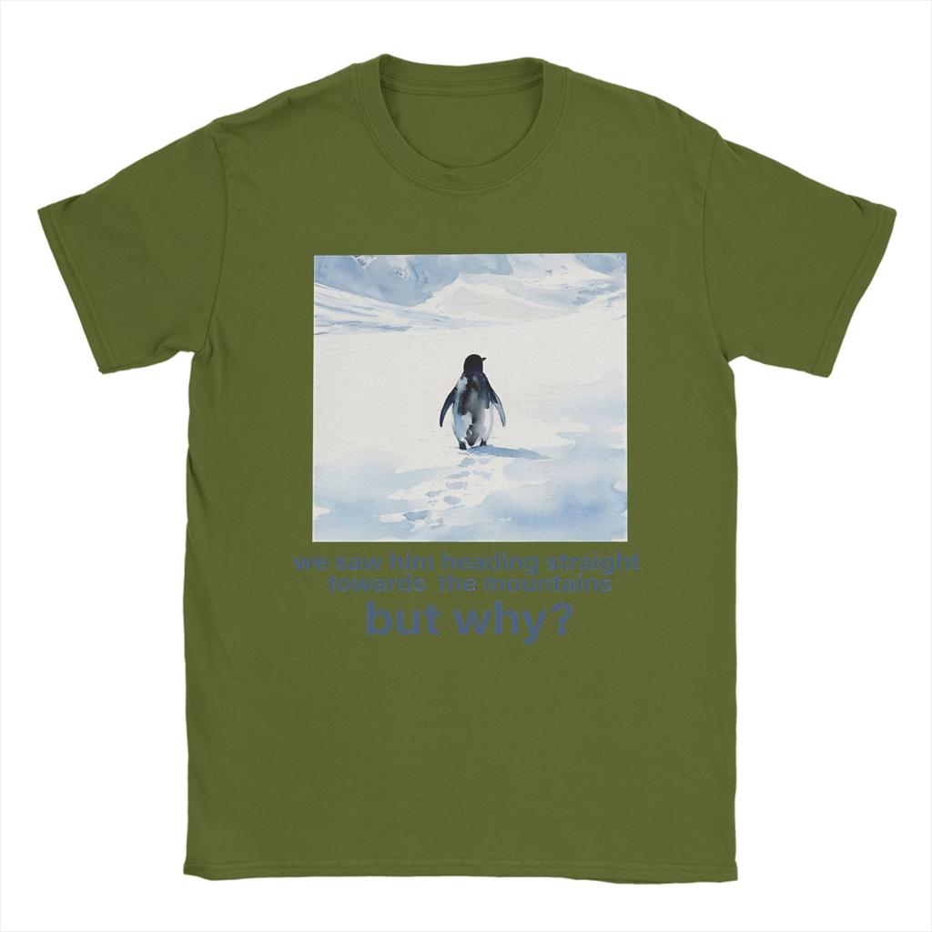 Nihilist Penguin And Mountain But Why TShirt for Men  Novelty Cotton Tee Shirt O Neck Short Sleeve T Shirts Gift Idea Clothing
