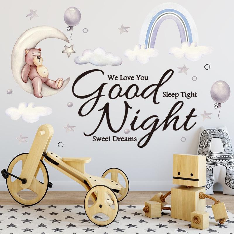 Urs de desene animate dormind pe lună și stele Autocolante de perete pentru camera copiilor Decorare camera bebelușului Decori de perete pentru interiorul camerei