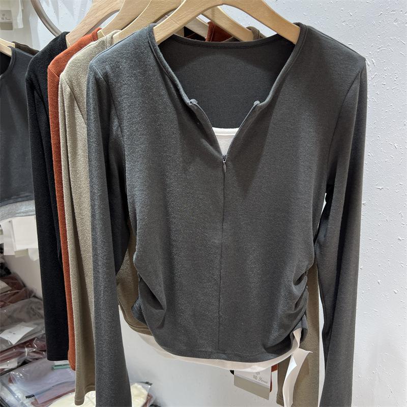 Zipper fake two-piece top women's spring contrasting color splicing card waist pleated long-sleeved T-shirt bottoming shirt tide