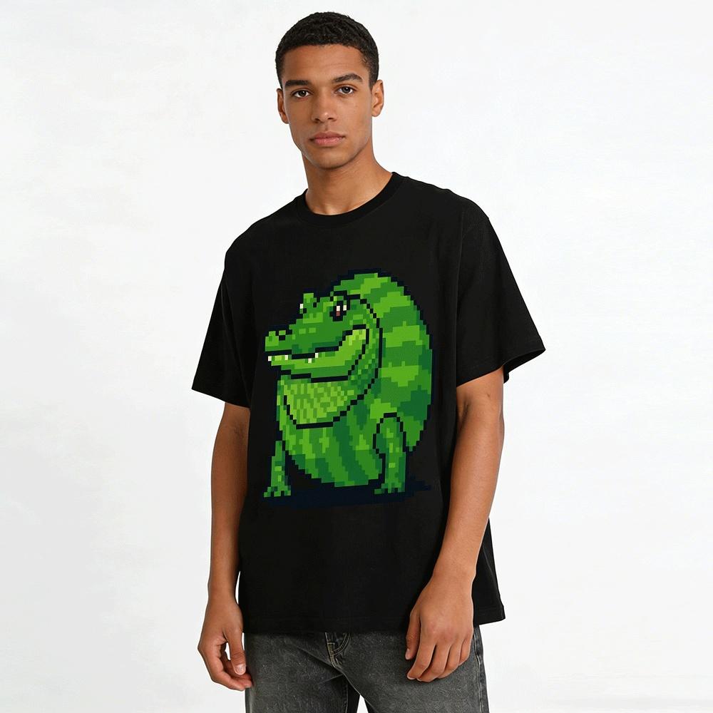 Retro Pixel Style Crocodile Print Casual T-Shirt Unisex Loose Top Pure cotton T-shirt