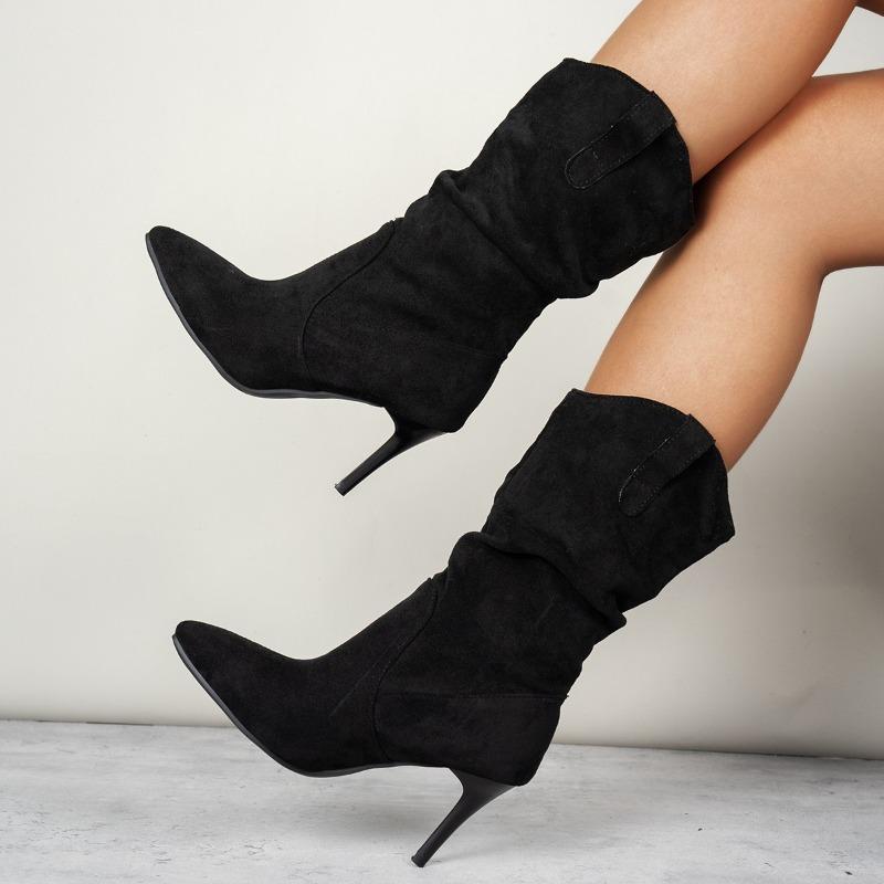 Fashion New Style Popular Vintage Pleated Pointed Toe Mid-Calf Boots Women Thin Low Heels Shoes Fashion Short Ladies Boots Zapatos Mujer