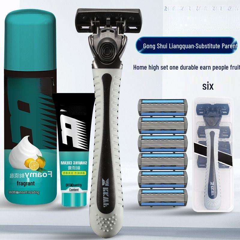 Six-Blade Manual Shaving Razor for Men with Old-Fashioned Design and Razor Holder