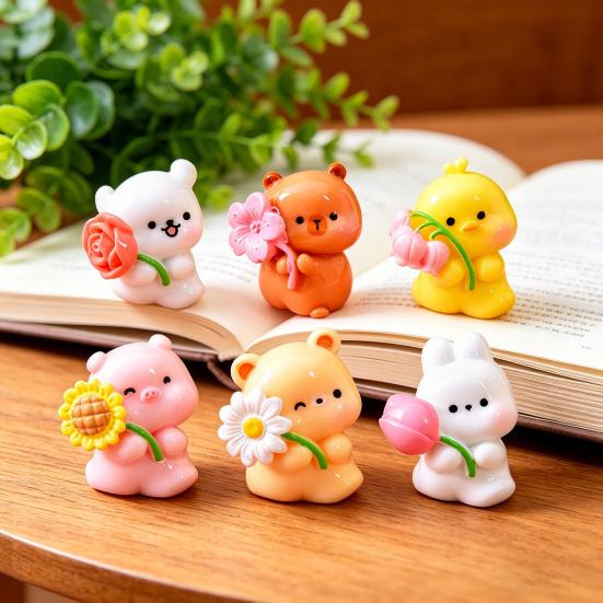 Cute Animal Miniature Figurine Mini Resin Bear Bunny Duck Holding Flower Statue for DIY Moss Landscape Fairy Garden Home Cake Decor
