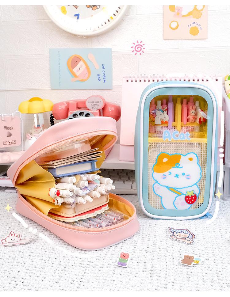 Large Capacity Cute Cartoon Transparent Pencil Case for Students