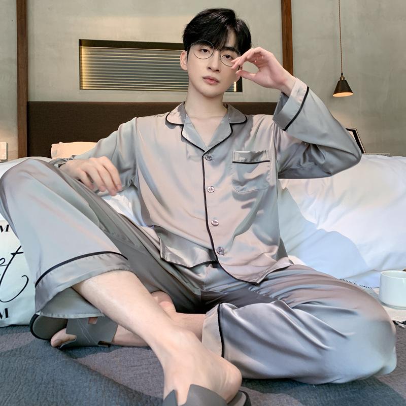 Pajamas Men's Spring Summer Summer Long Sleeve Silk Ice Silk Homewear Spring Autumn Thin Simulation Silk Satin Set