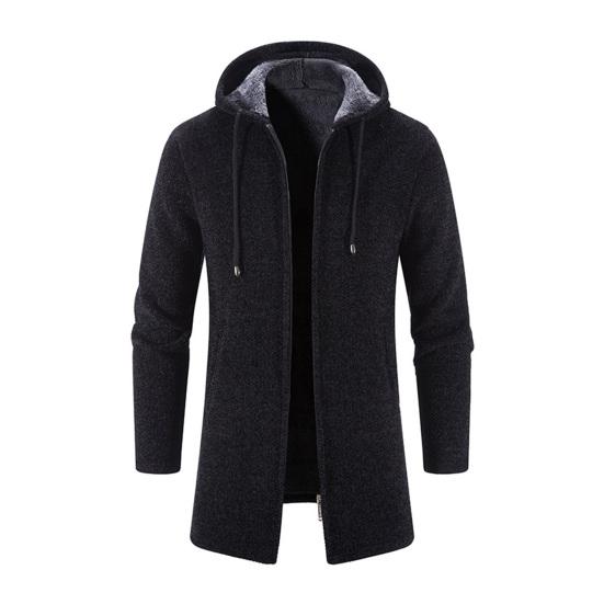 Men Knitting Coat Hooded Drawstring Long Sleeve Solid Color Jacket Zipper Placket Mid-length Warm Winter Jacket