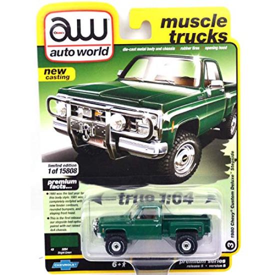 Auto World Масштаб Премиум Выпуск Chevy Custom Deluxe Stepside 164  1980 (Ярко-зеленый) зелёный
