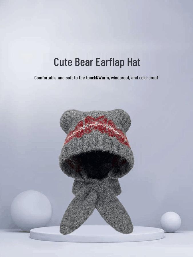 Damen Niedliches Wollmischung Bärenmütze & Schal Set - Winter Warm, Figurbetont & Gestrickt mit Ohrenklappen.