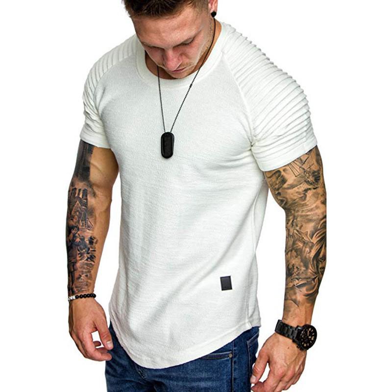 European & American Men's Slim Fit Crew Neck Pleated T-Shirt - Solid Color, Casual Short Sleeve