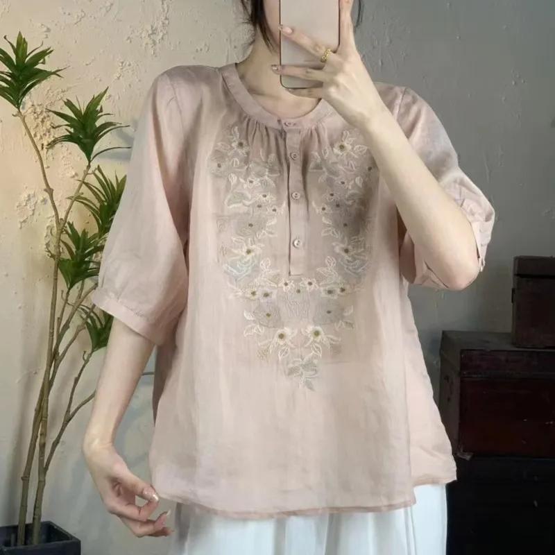 Johnature Women Vintage Embroidery Floral Shirts Half Sleeve O-Neck Tops Button Solid Color Blouses Summer Shirts