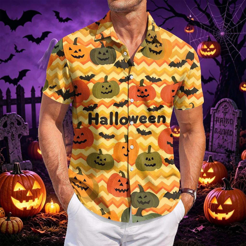 Men's Casual Short Sleeve Shirt Halloween Print Button Down Shirt Lightweight Breathable Fabric Relaxed Fit Shirt for Everyday Wear