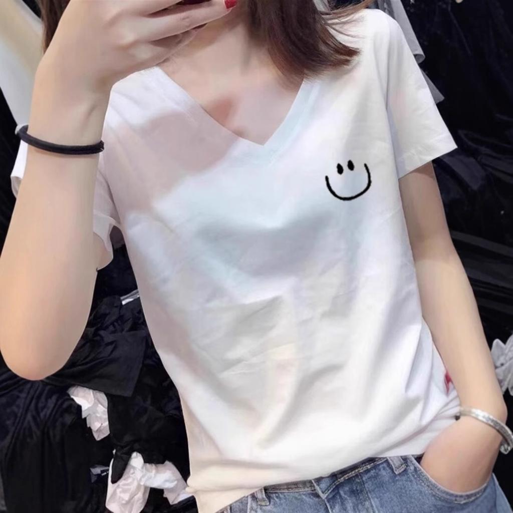 White Low V-neck T-shirt Women's Short-sleeved Summer Wear 2025 New Popular Pure Cotton Loose Top Large Neckline T-shirt