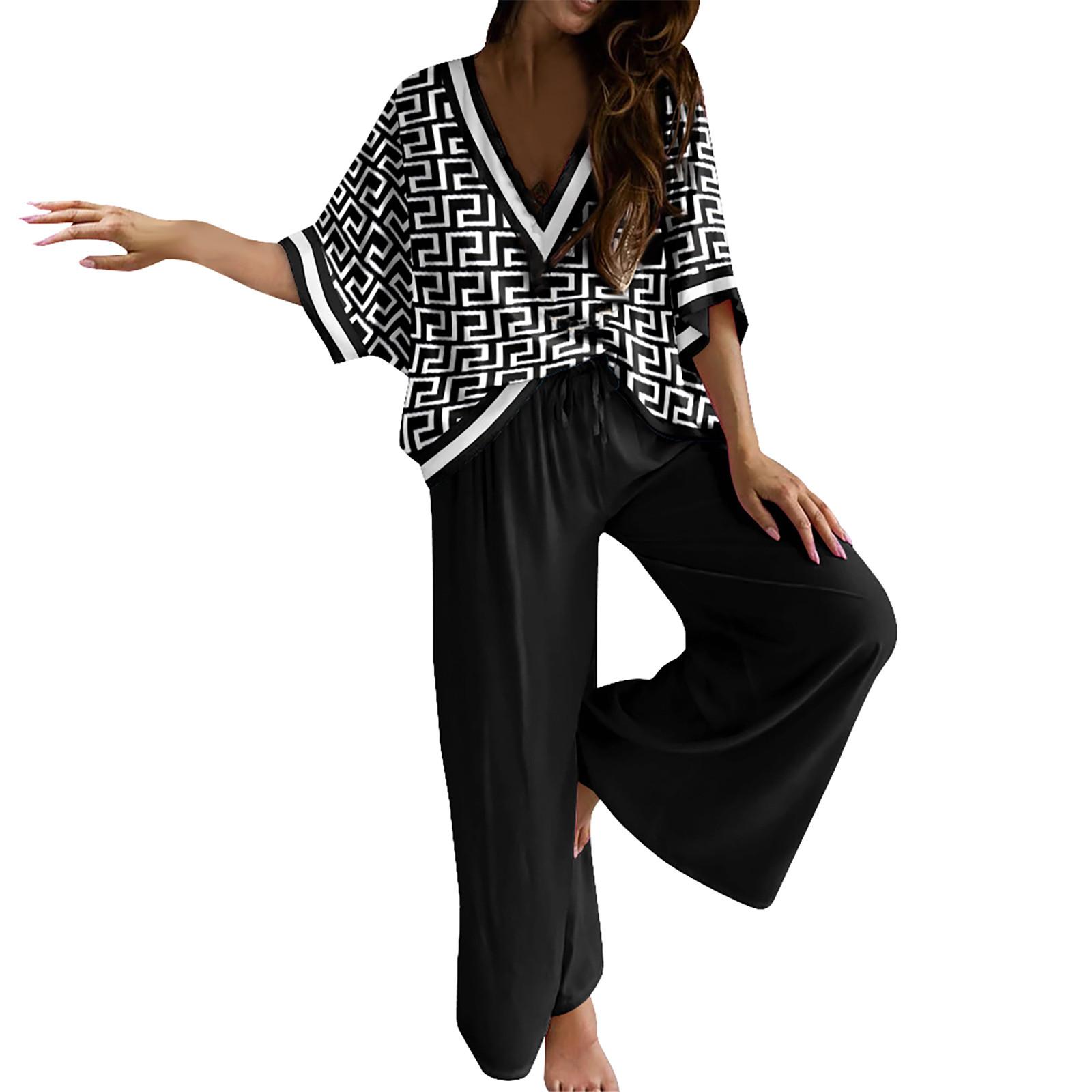 

Женский повседневный топ с рукавами с принтом и широкие брюки XL белый