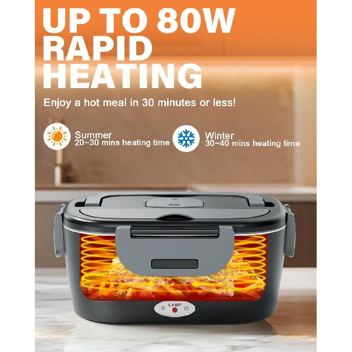 Electric Lunch Box for Men, Women & Adults - 80W Fast Heating - Heated Lunch Box with Dual 1.5L SS Containers - Portable Food Warmer for Car, Truck,