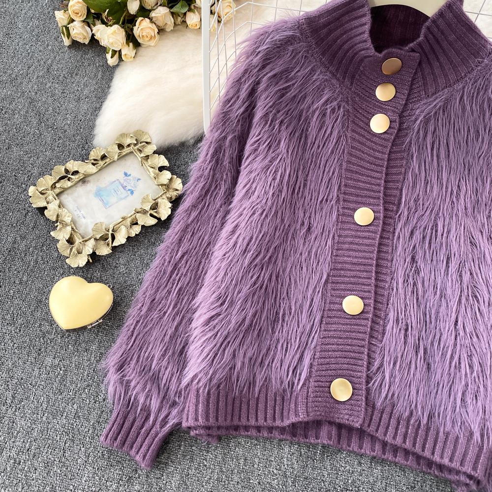 Imitation Mink Sweater Fashion Stand-UP Collar Loose Top Women's  Autumn/Winter Korean Soft Comfortable Cardigan Solid Coat