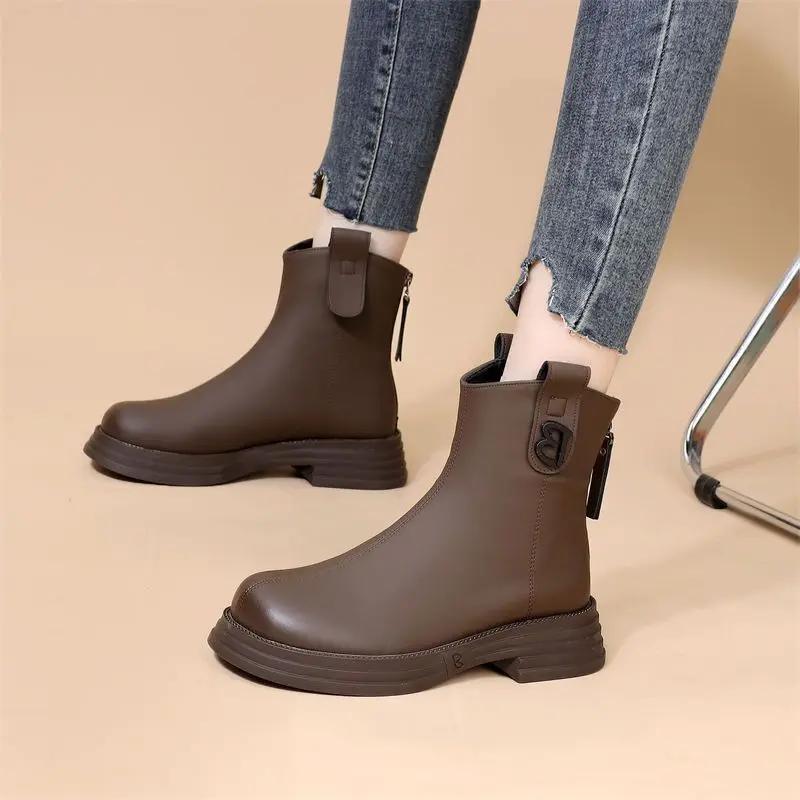 Female Short Shoes Platform Women's Ankle Boots Chelsea Brown Booties Round Toe Fur Leather Chunky Y2k New In Boot Goth Footwear
